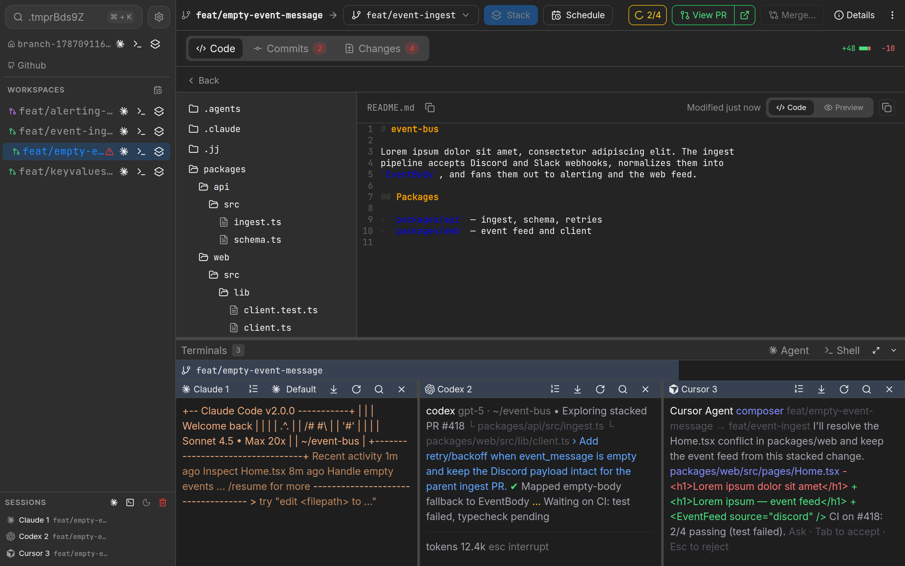 Sidebar after three new agent workspaces appear